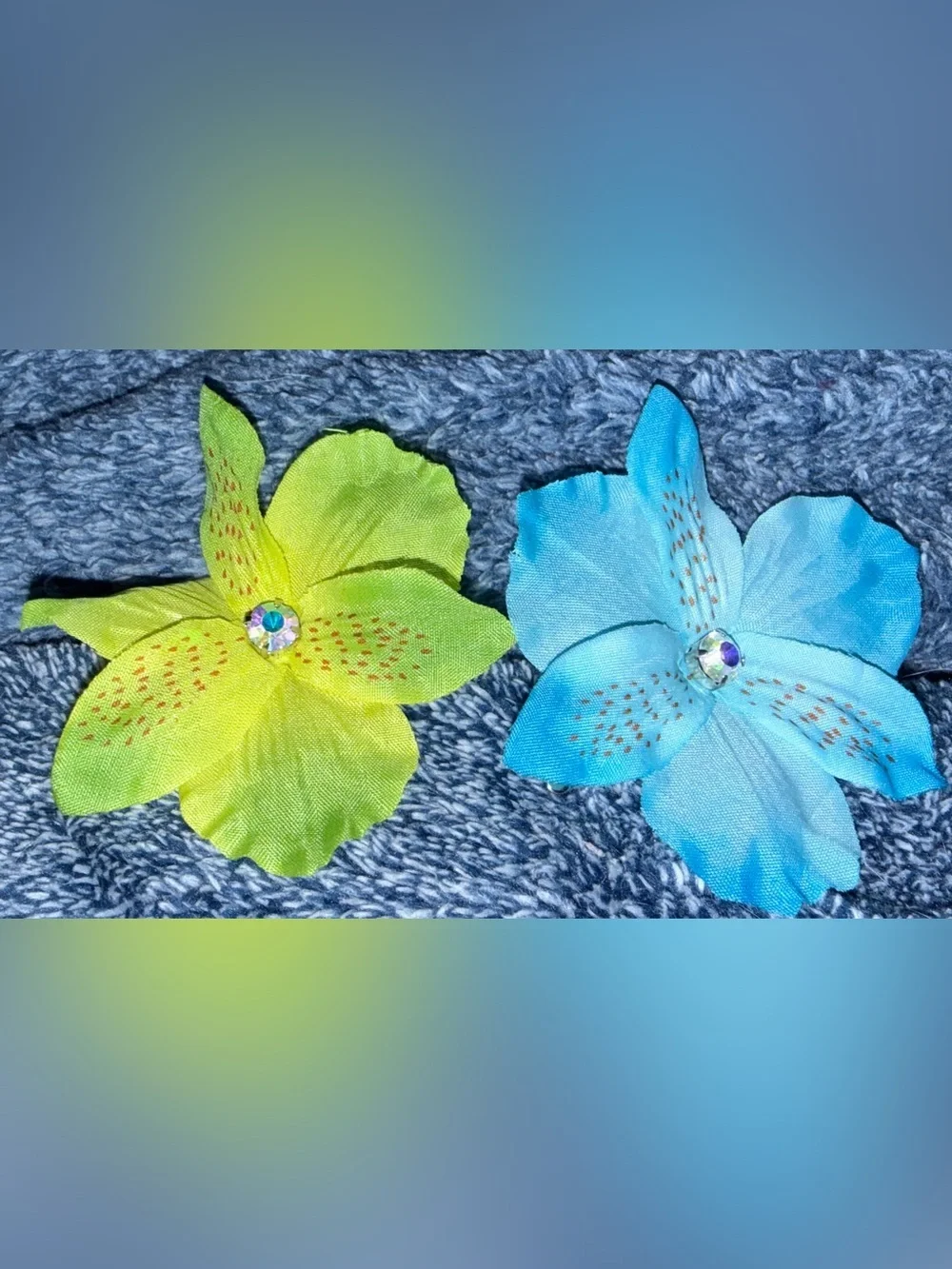 Artificial Flower Hair Clip Set - Blue & Lime